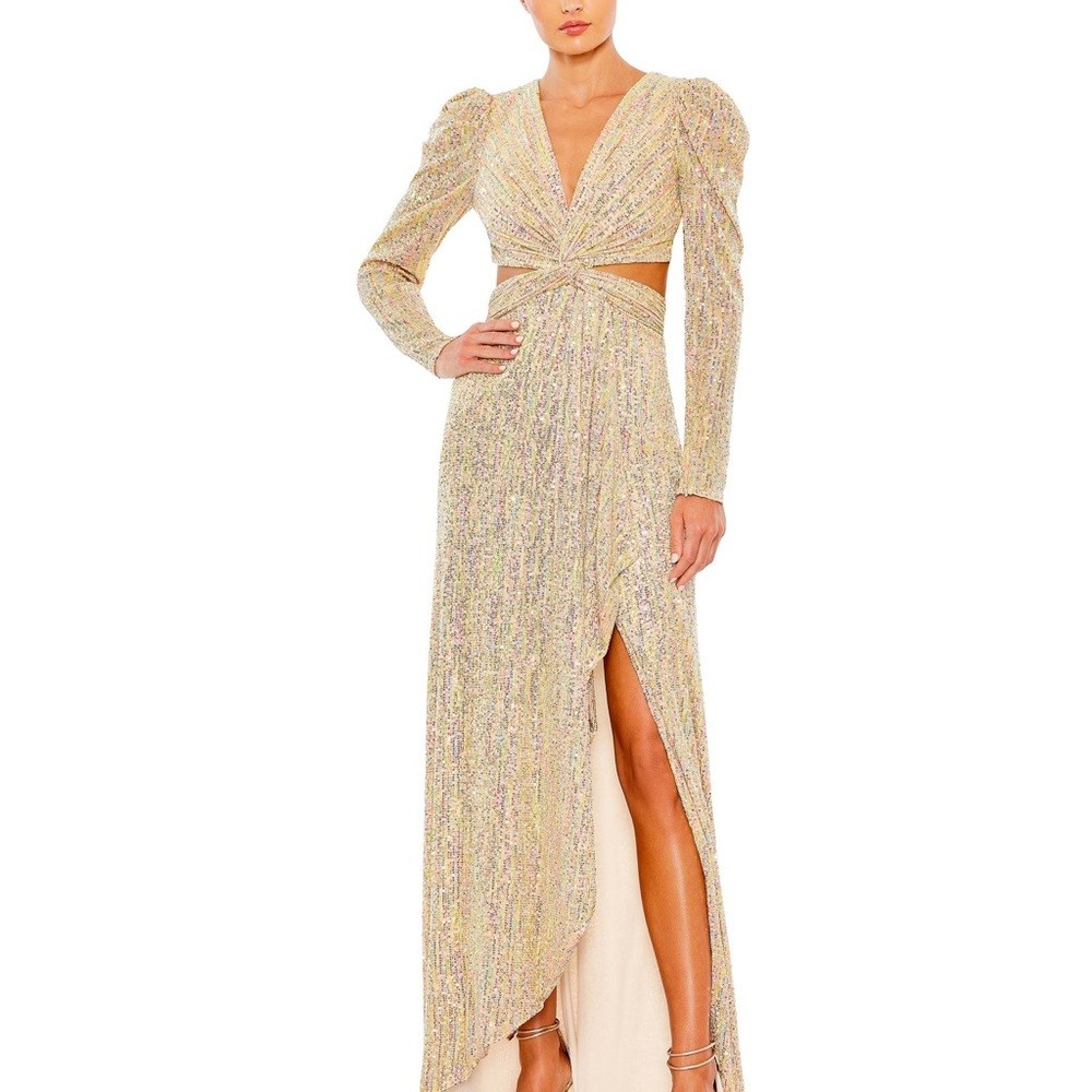 Gold Metallic Puff Sleeve Front Twist Cut Out Gown